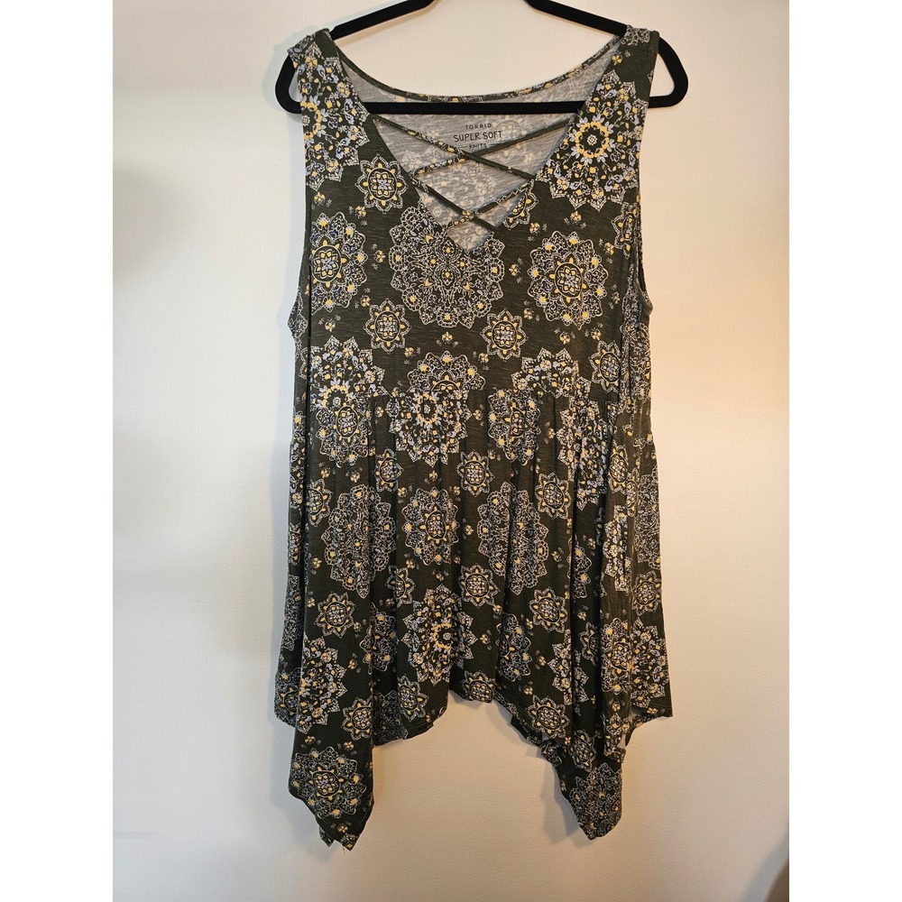 Boho Torrid Super Soft Babydoll Tank Top Womens 4 Olive Green Mandala Strappy